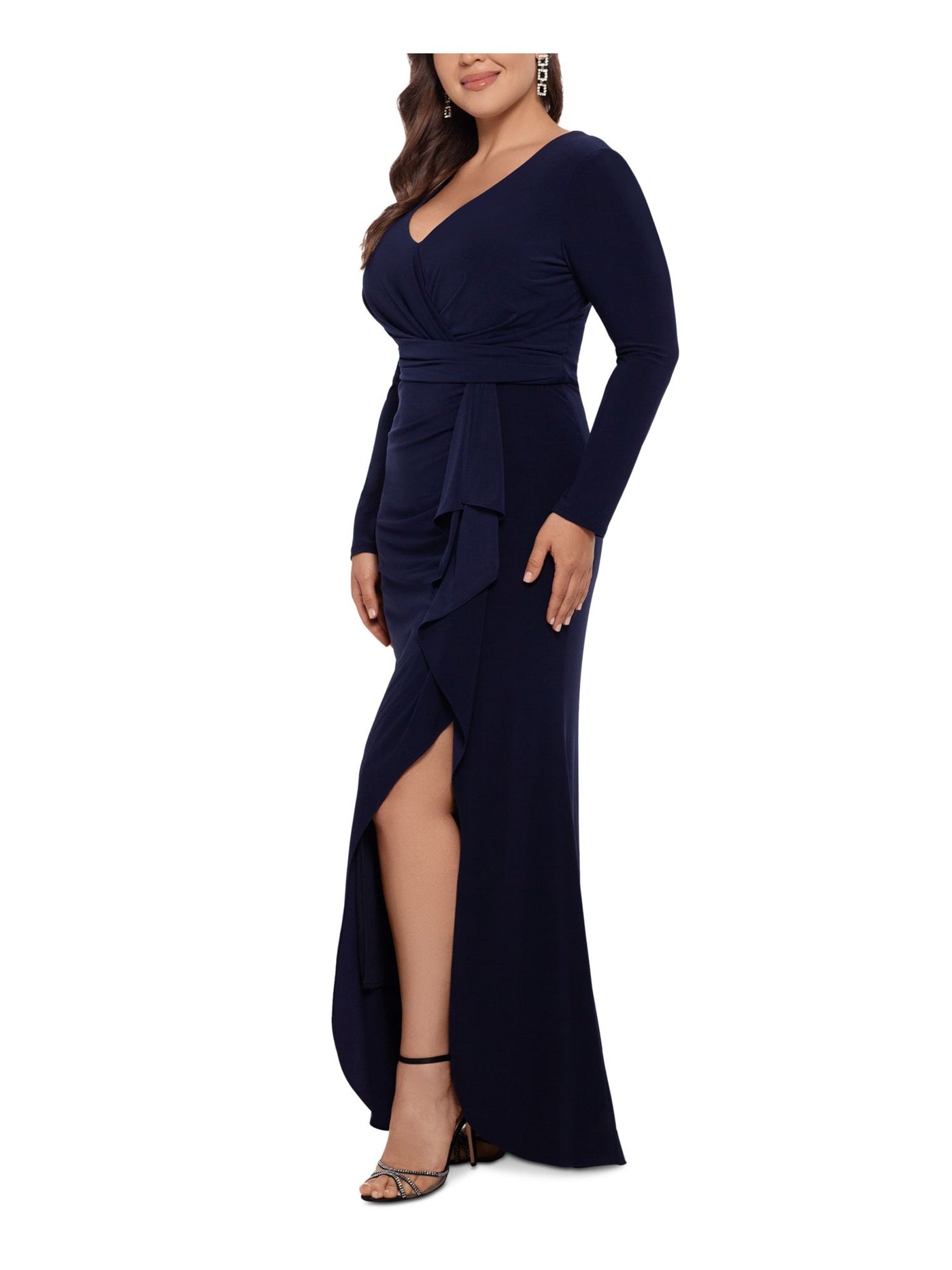 BETSY & ADAM Womens Navy Stretch Ruched Zippered Ruffled Slitted Long Sleeve V Neck Full-Length Evening Sheath Dress Plus 22W