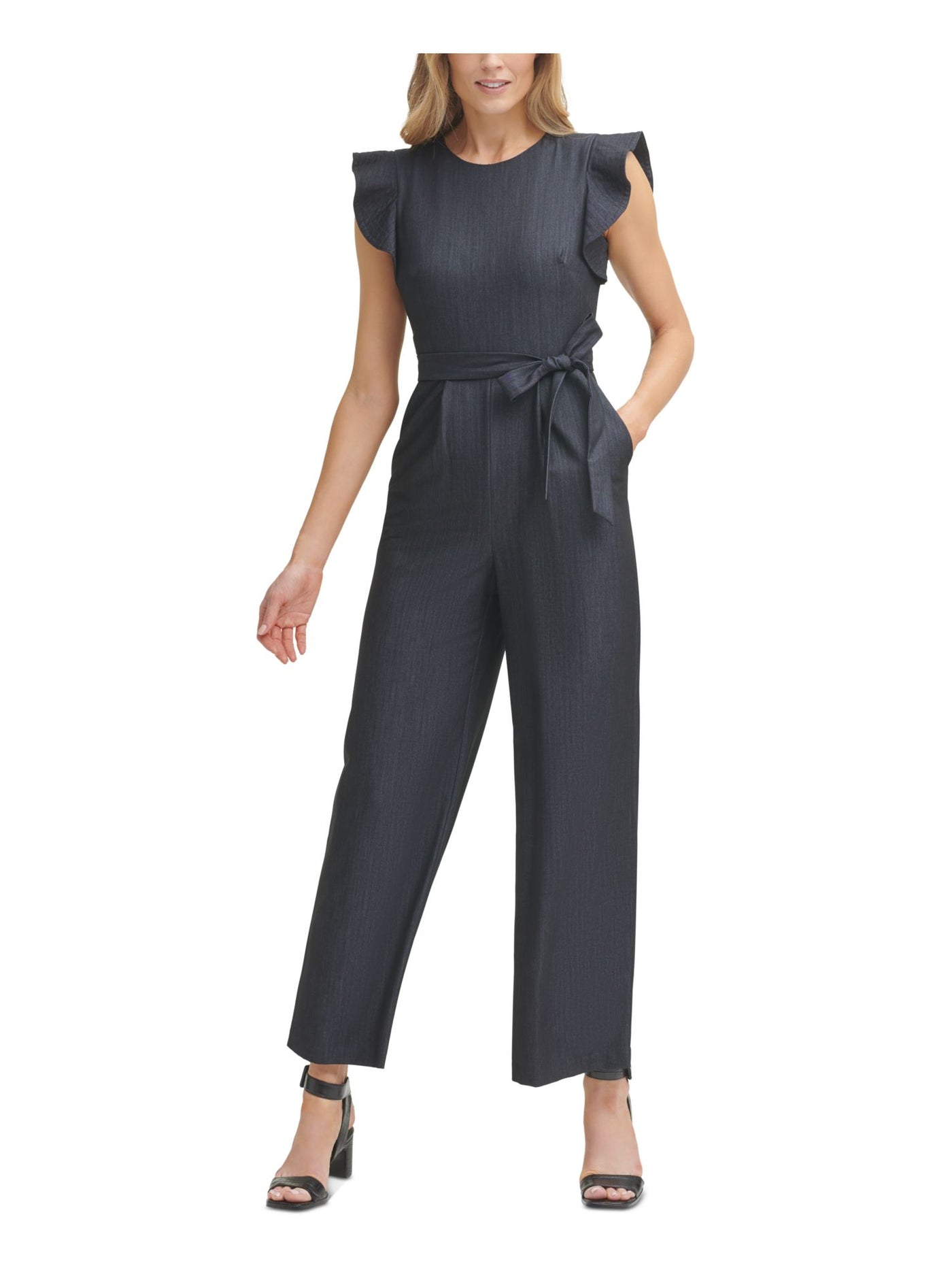 CALVIN KLEIN Womens Navy Chambray Pocketed Zippered Tie Belt Pleated Ruffled Cap Sleeve Round Neck Straight leg Jumpsuit 4