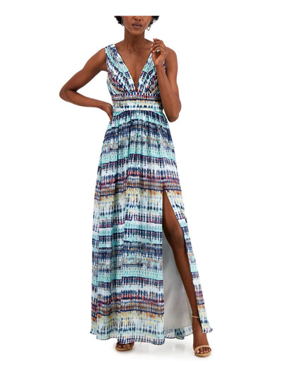 AIDAN AIDAN MATTOX Womens Blue Pleated Zippered Slitted Sheer Lined Printed Sleeveless V Neck Maxi Evening Fit + Flare Dress 2