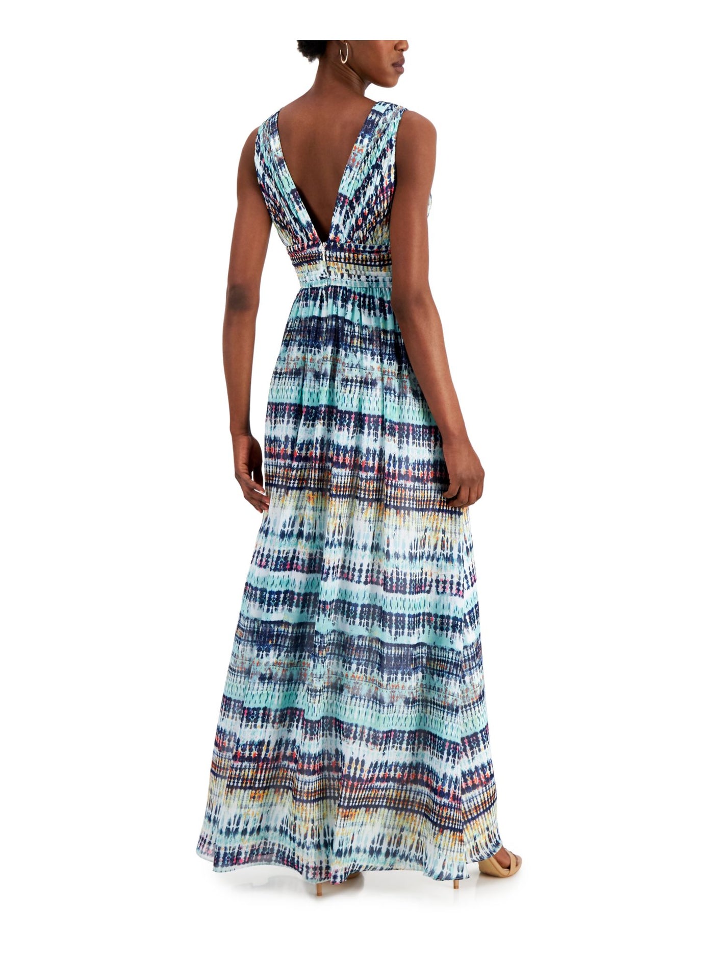 AIDAN MATTOX Womens Blue Pleated Zippered Slitted Sheer Lined Printed Sleeveless V Neck Maxi Evening Fit + Flare Dress 2