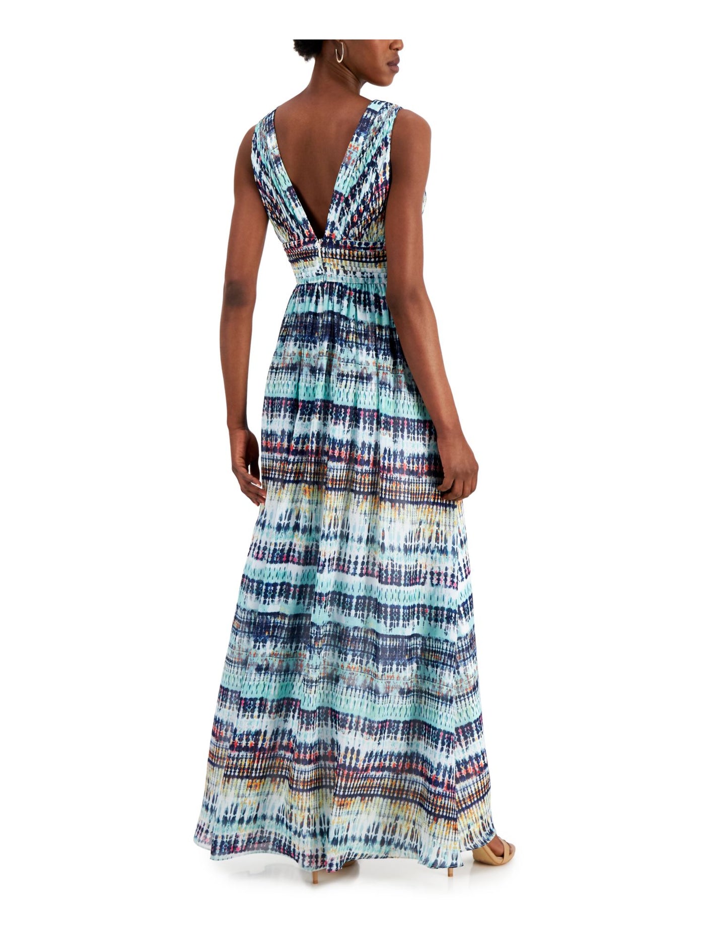 AIDAN AIDAN MATTOX Womens Blue Pleated Zippered Slitted Sheer Lined Printed Sleeveless V Neck Maxi Evening Fit + Flare Dress 2