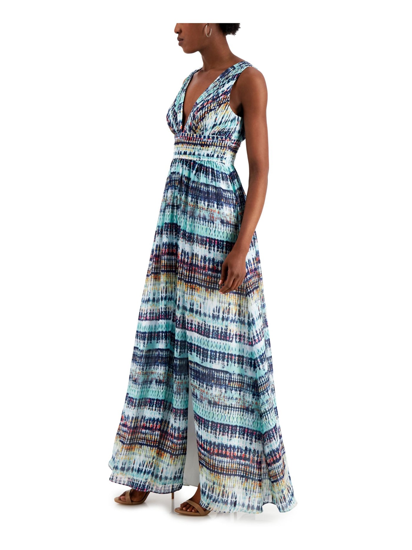 AIDAN AIDAN MATTOX Womens Blue Pleated Zippered Slitted Sheer Lined Printed Sleeveless V Neck Maxi Evening Fit + Flare Dress 2