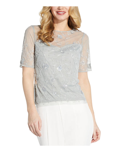 ADRIANNA PAPELL Womens Gray Zippered Beaded And Sequined Lined Short Sleeve Boat Neck Party Top 6
