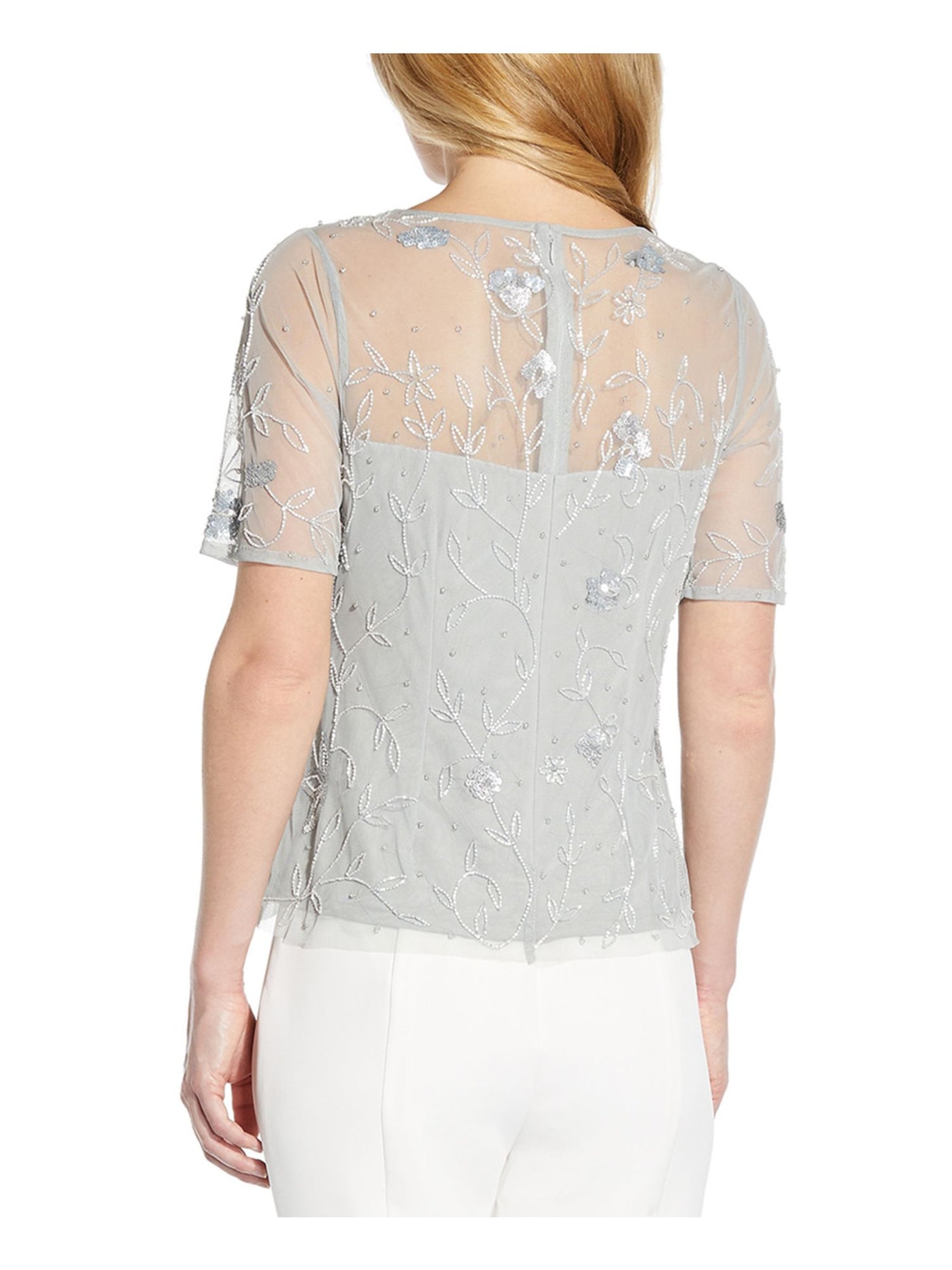 ADRIANNA PAPELL Womens Zippered Beaded And Sequined Lined Short Sleeve Boat Neck Party Top