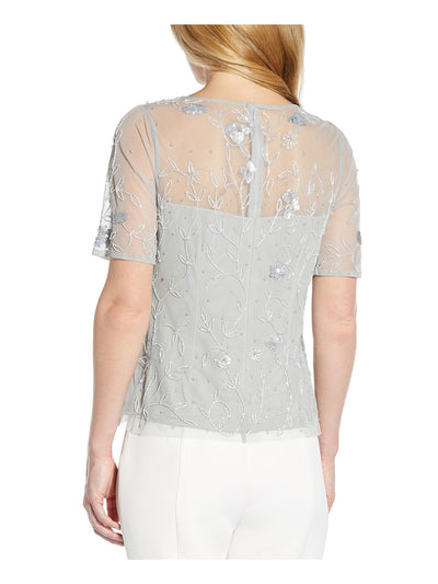ADRIANNA PAPELL Womens Gray Zippered Beaded And Sequined Lined Short Sleeve Boat Neck Party Top 2