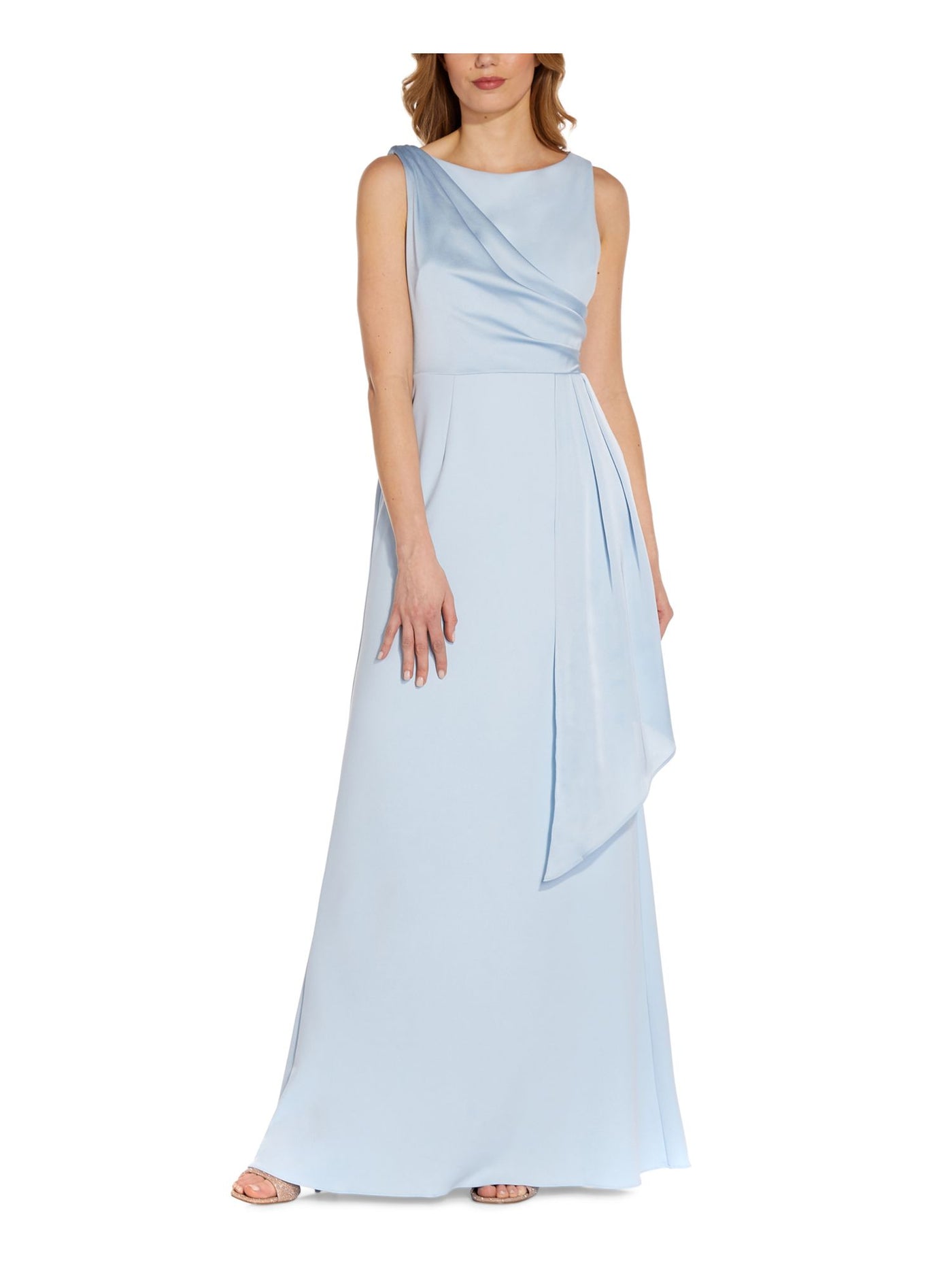ADRIANNA PAPELL Womens Stretch Zippered Pleated Satin Draped V-back Sleeveless Boat Neck Full-Length Formal Gown Dress