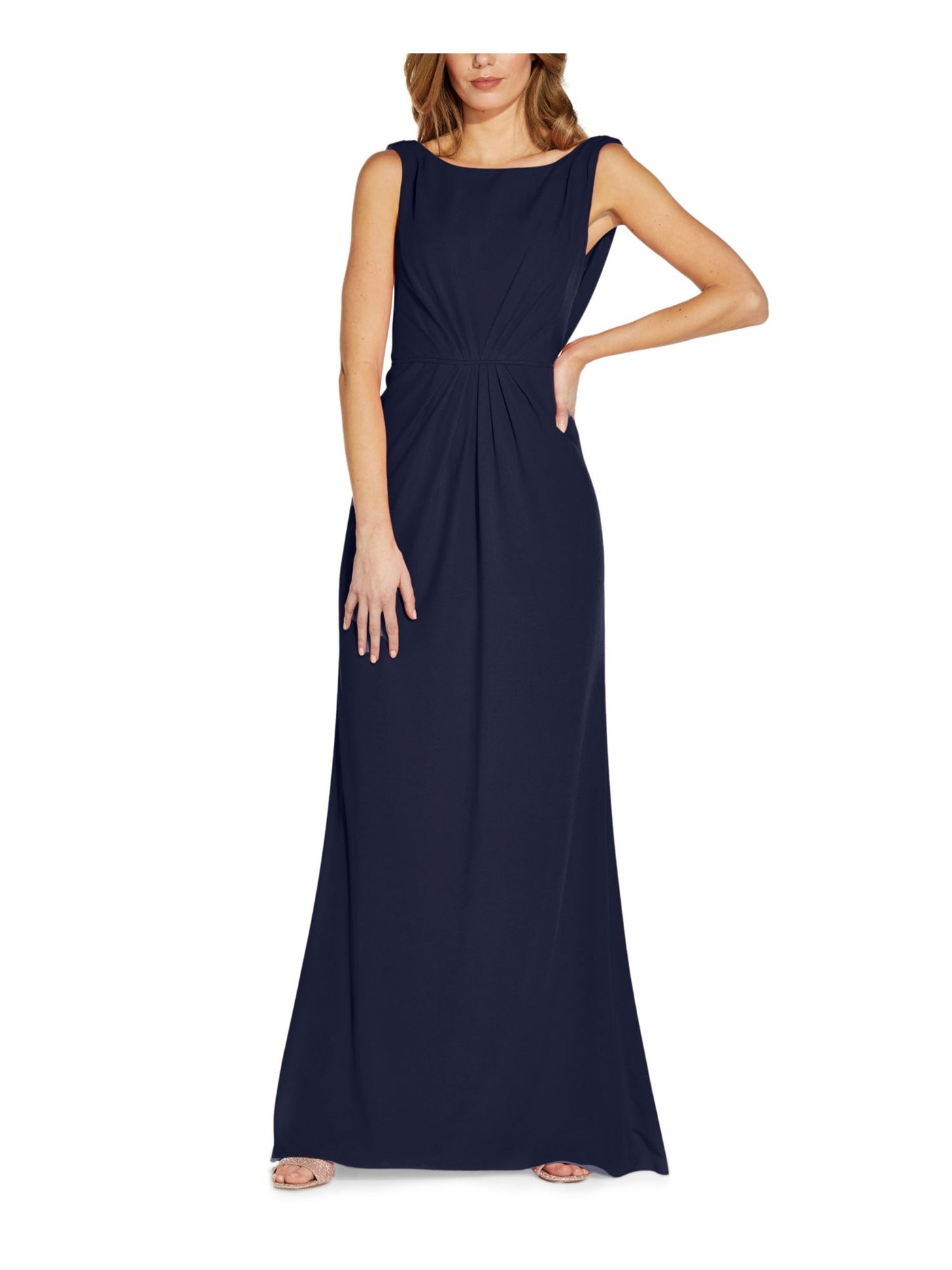 ADRIANNA PAPELL Womens Navy Stretch Pleated Zippered Drape Back Sleeveless Boat Neck Full-Length Evening Gown Dress 4