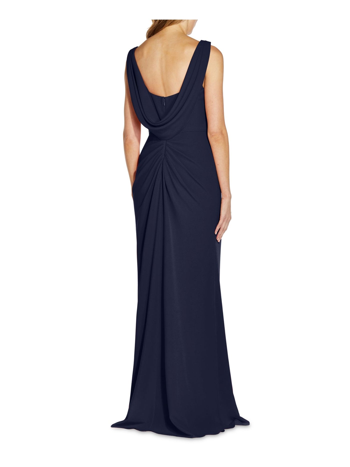 ADRIANNA PAPELL Womens Navy Stretch Pleated Zippered Drape Back Sleeveless Full-Length Formal Gown Dress 18