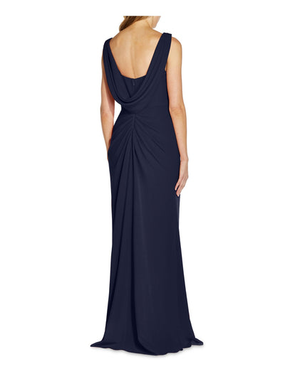 ADRIANNA PAPELL Womens Navy Stretch Pleated Zippered Drape Back Sleeveless Full-Length Formal Gown Dress 8