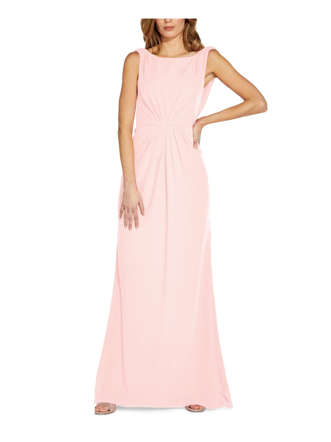 ADRIANNA PAPELL Womens Pink Pleated Zippered Drape Back Sleeveless Boat Neck Full-Length Evening Gown Dress 6
