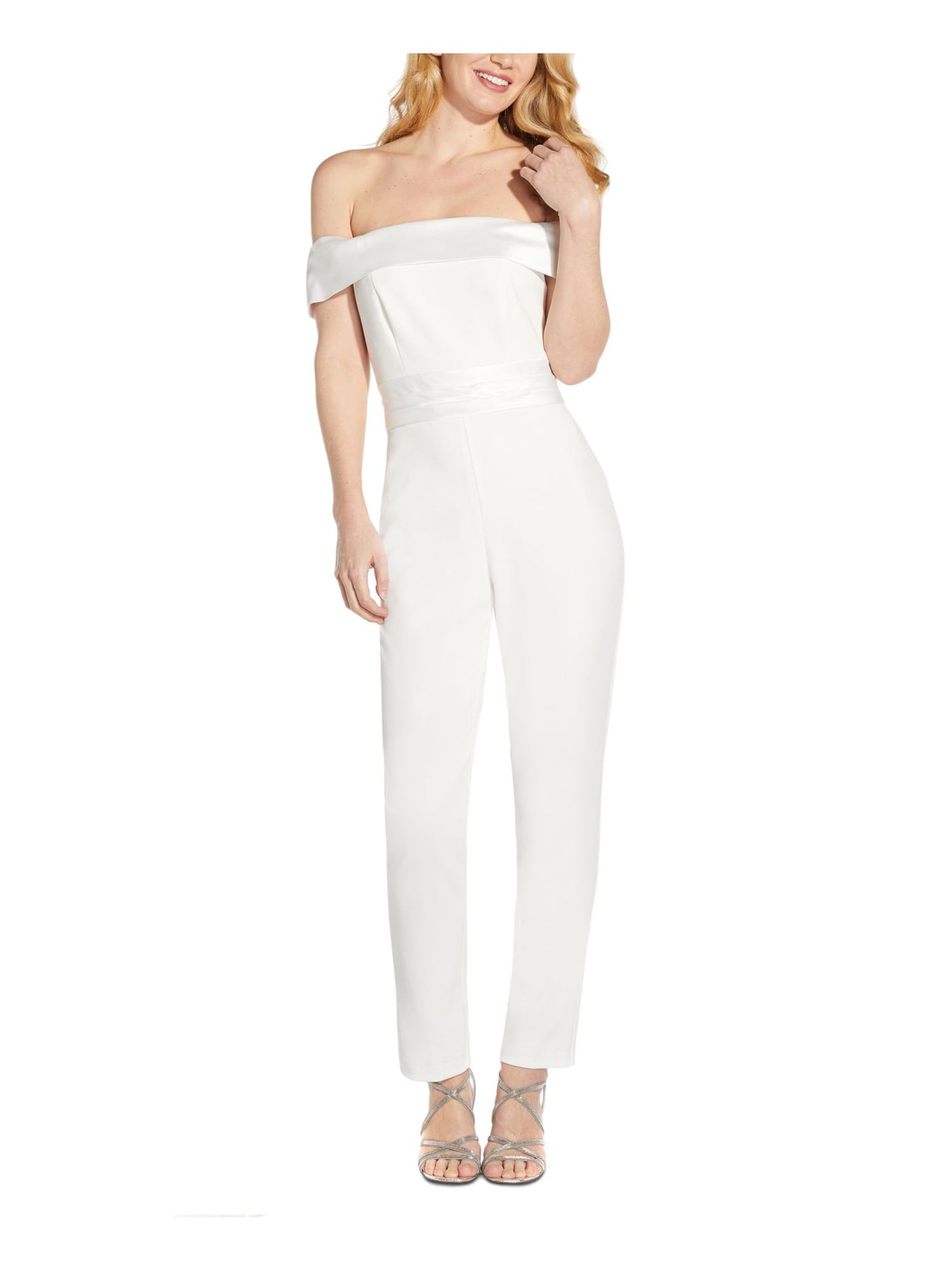 ADRIANNA PAPELL Womens Ivory Stretch Zippered Short Sleeve Off Shoulder Party Skinny Jumpsuit 6