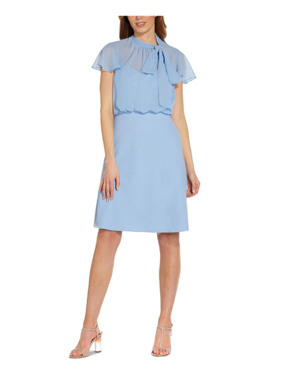 ADRIANNA PAPELL Womens Light Blue Stretch Zippered Sheer Short Sleeve Tie Neck Above The Knee Formal Sheath Dress 2