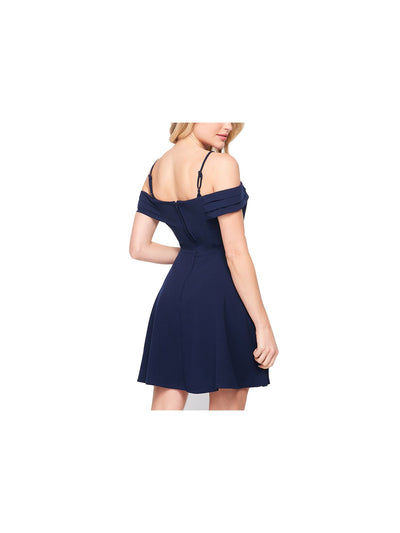 TEEZE ME Womens Navy Stretch Zippered Cold Shoulder Short Sleeve Square Neck Mini Cocktail Fit + Flare Dress Juniors 3\4