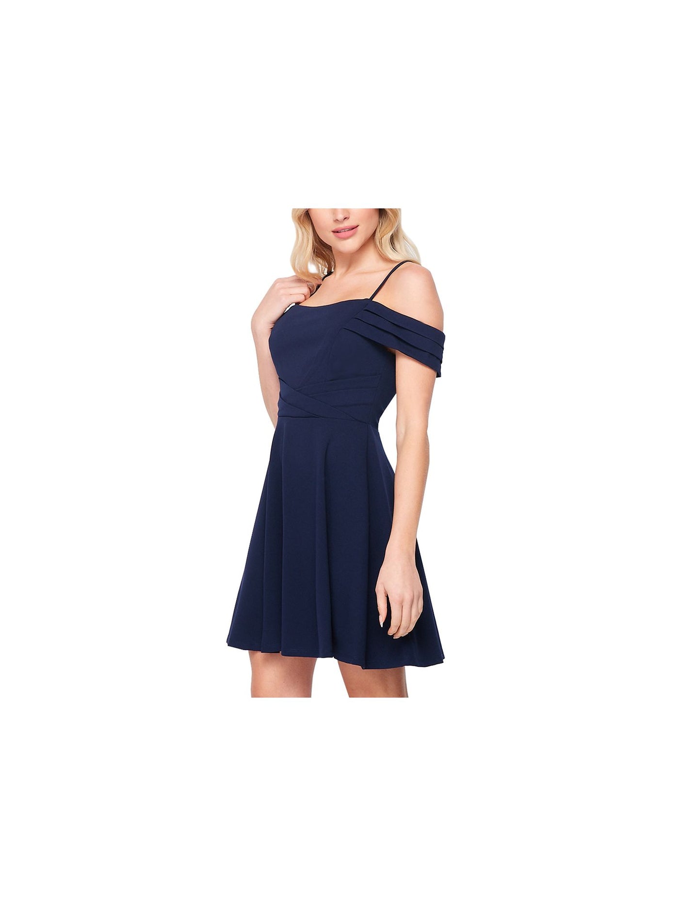 TEEZE ME Womens Navy Stretch Zippered Cold Shoulder Short Sleeve Square Neck Mini Cocktail Fit + Flare Dress Juniors 13\14