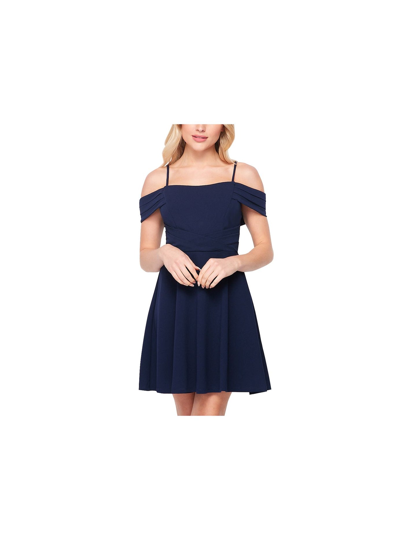 TEEZE ME Womens Navy Stretch Zippered Cold Shoulder Short Sleeve Square Neck Mini Cocktail Fit + Flare Dress 7\8