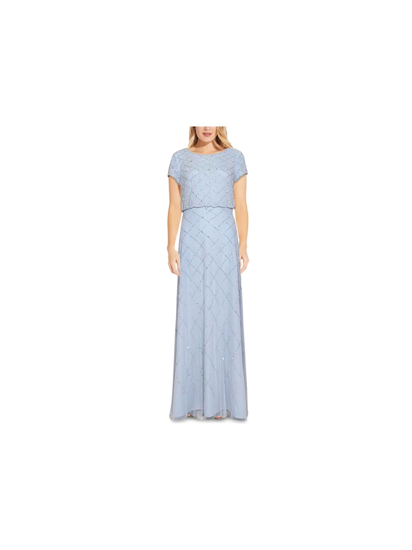 ADRIANNA PAPELL Womens Light Blue Beaded Sequined Zippered Short Sleeve Scoop Neck Full-Length Party Gown Dress 6