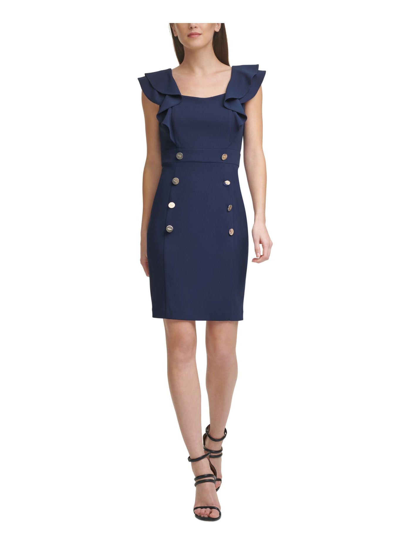 DKNY Womens Navy Stretch Zippered Ruffled Double Row Decorative Buttons Sleeveless Square Neck Above The Knee Party Sheath Dress 14
