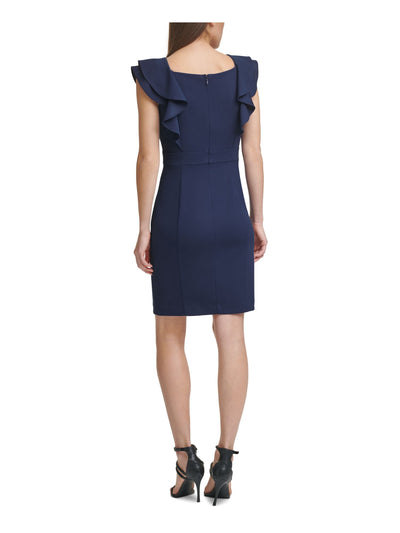 DKNY Womens Navy Stretch Zippered Ruffled Double Row Decorative Buttons Sleeveless Square Neck Above The Knee Party Sheath Dress 14