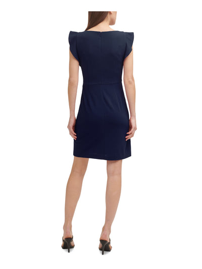 DKNY Womens Navy Stretch Gathered Ruffled Scuba Crepe Unlined Zippered Flutter Sleeve Boat Neck Above The Knee Party Faux Wrap Dress 6