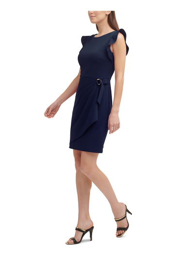 DKNY Womens Navy Stretch Gathered Ruffled Scuba Crepe Unlined Zippered Flutter Sleeve Boat Neck Above The Knee Party Faux Wrap Dress 6