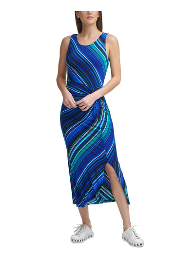 DKNY Womens Blue Slitted Striped Sleeveless Scoop Neck Midi Fit + Flare Dress S