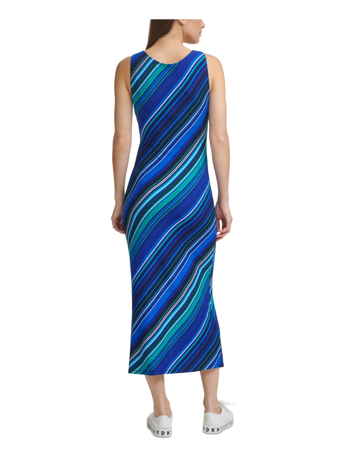 DKNY Womens Blue Slitted Striped Sleeveless Scoop Neck Midi Fit + Flare Dress S