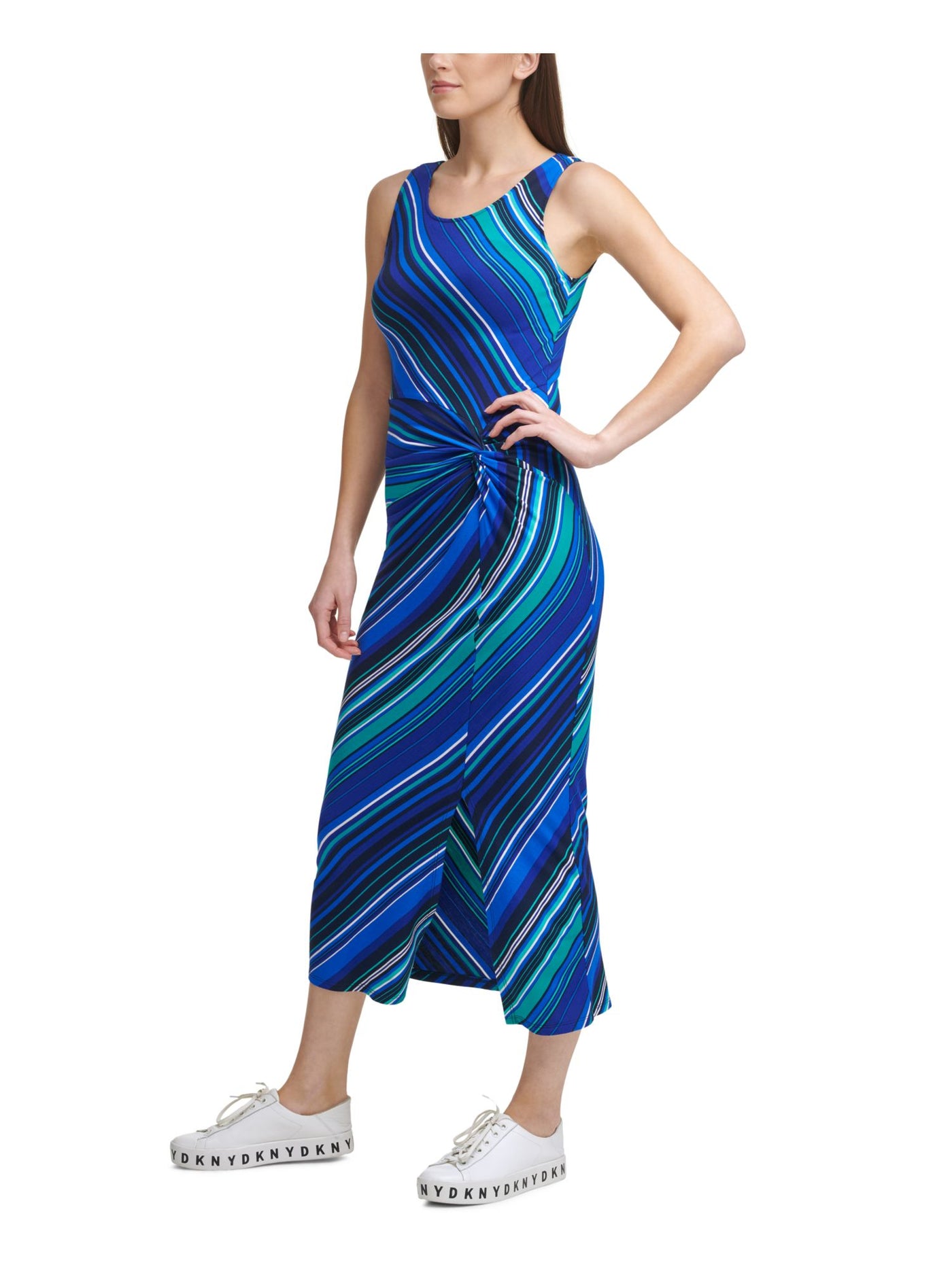 DKNY Womens Blue Slitted Striped Sleeveless Scoop Neck Midi Fit + Flare Dress XL