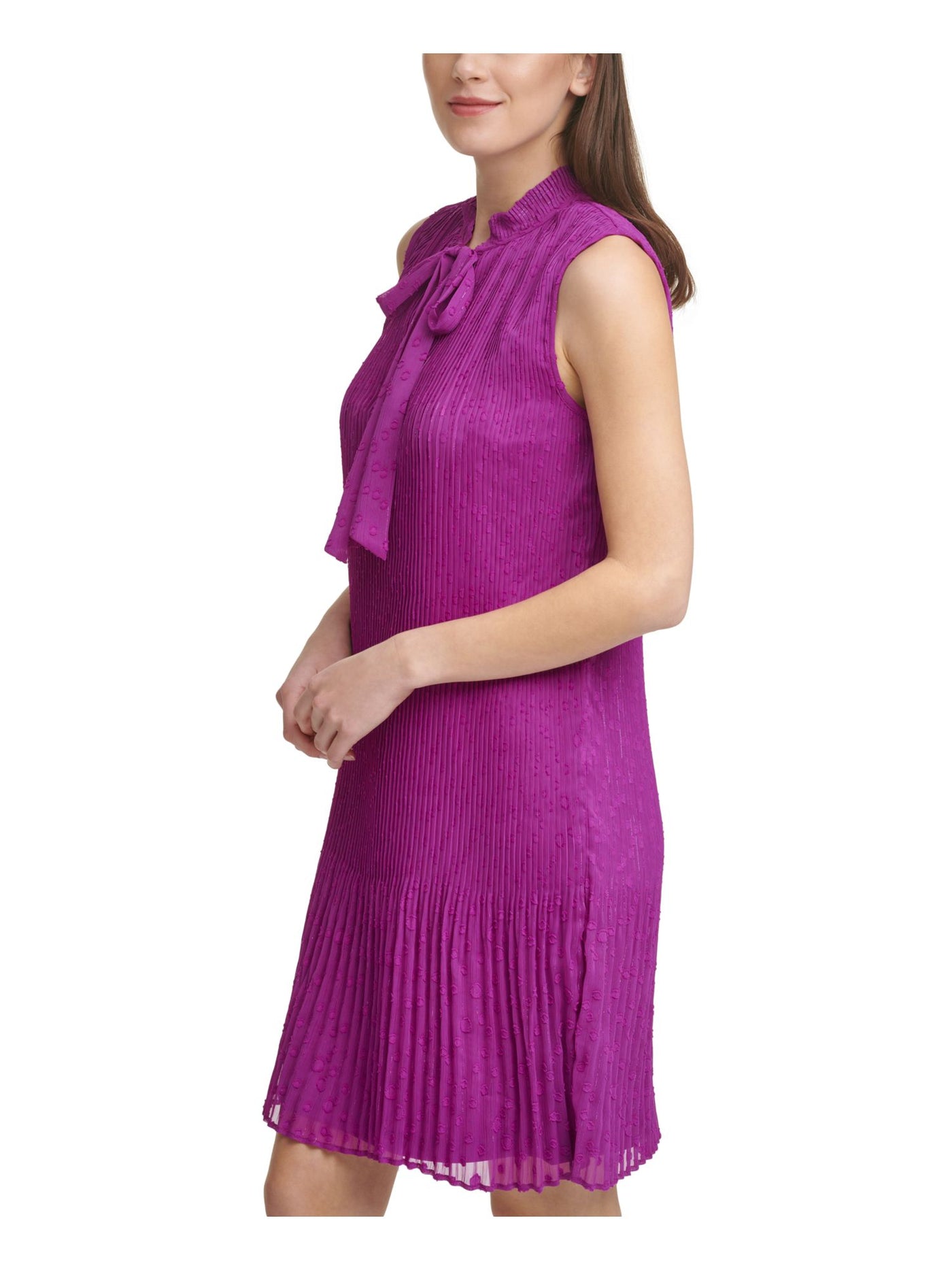 DKNY Womens Purple Stretch Pleated Metallic Unlined Sleeveless Tie Neck Short Evening Shift Dress 6