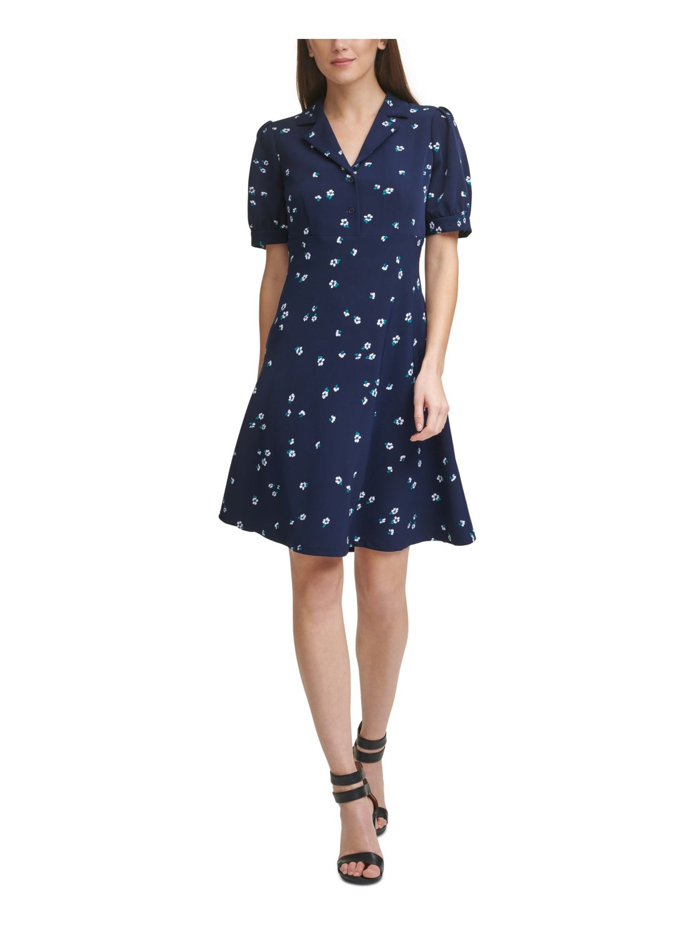 DKNY Womens Navy Stretch Pleated Fitted Button Front Unlined Floral Short Sleeve Collared Short Wear To Work Fit + Flare Dress 8