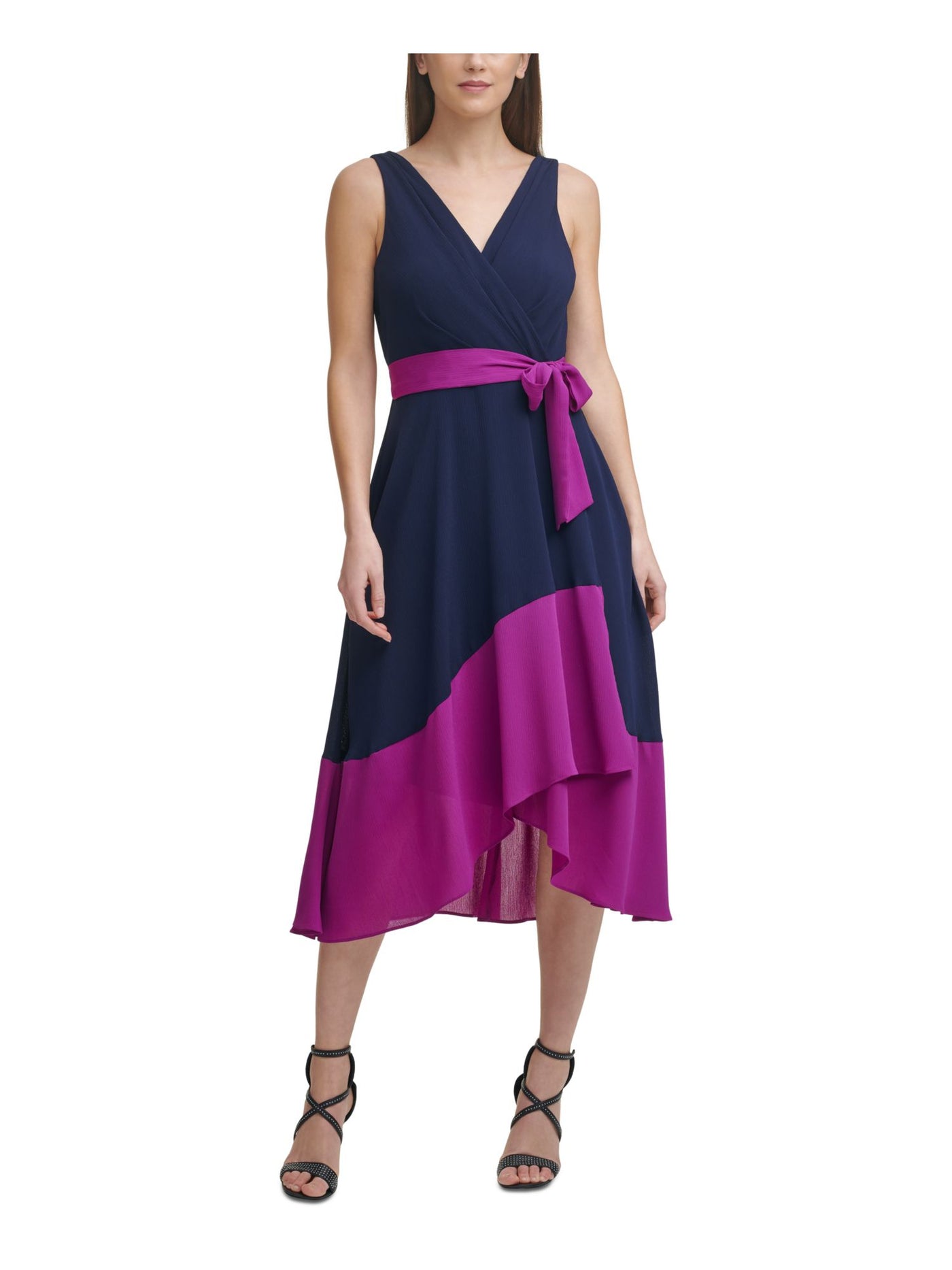 DKNY Womens Navy Zippered Tie Color Block Sleeveless Surplice Neckline Midi Party Faux Wrap Dress 12