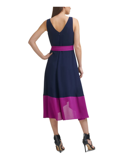 DKNY Womens Navy Zippered Tie Color Block Sleeveless Surplice Neckline Midi Party Faux Wrap Dress 2