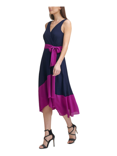 DKNY Womens Navy Zippered Tie Color Block Sleeveless Surplice Neckline Midi Party Faux Wrap Dress 2