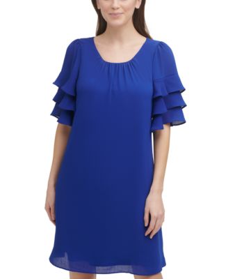 DKNY Womens Blue Flutter Sleeve Scoop Neck Above The Knee Wear To Work Shift Dress 4