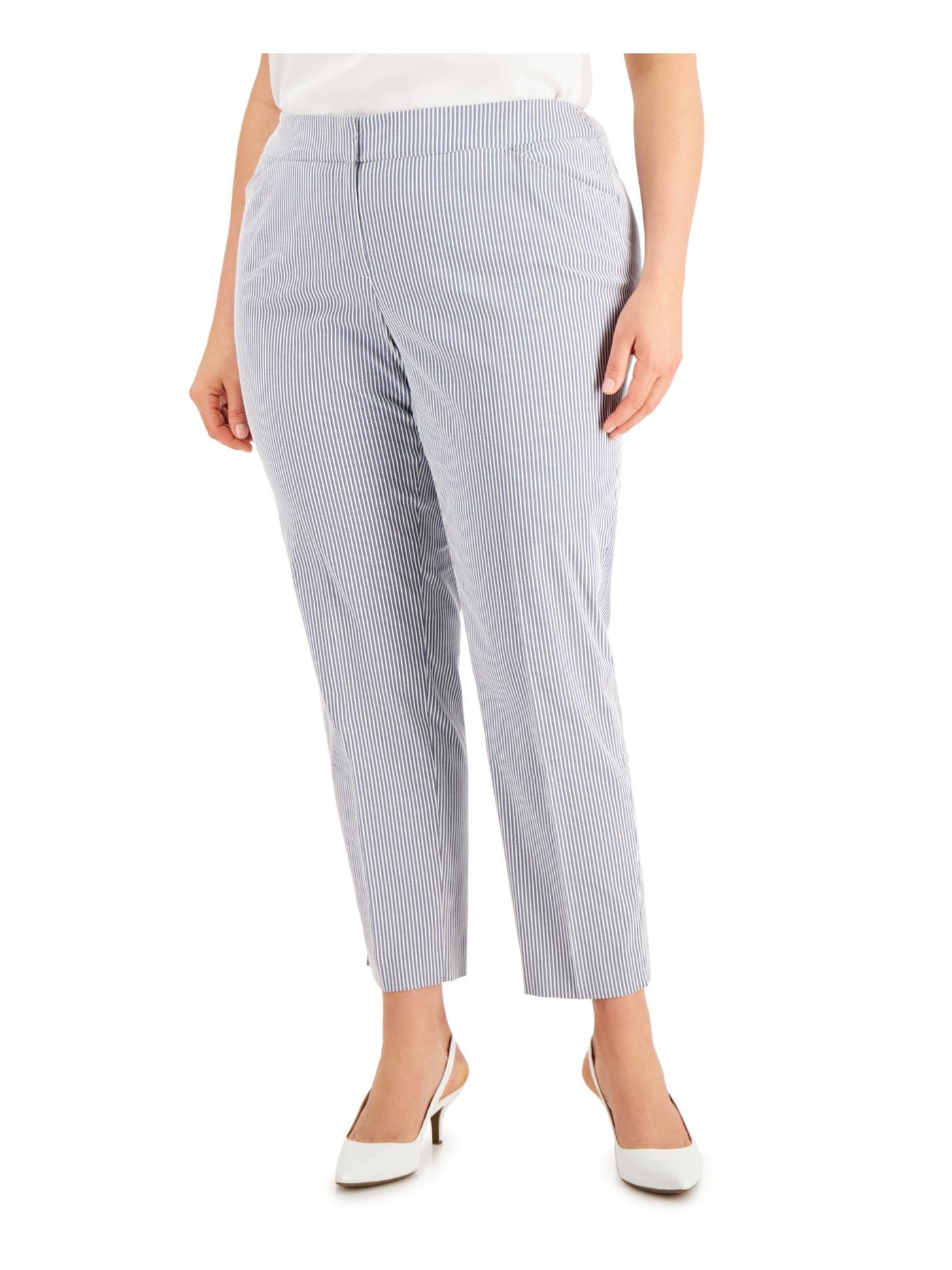 KASPER Womens Gray Chambray Pocketed Zippered Ankle-length Striped Pants Plus 24W