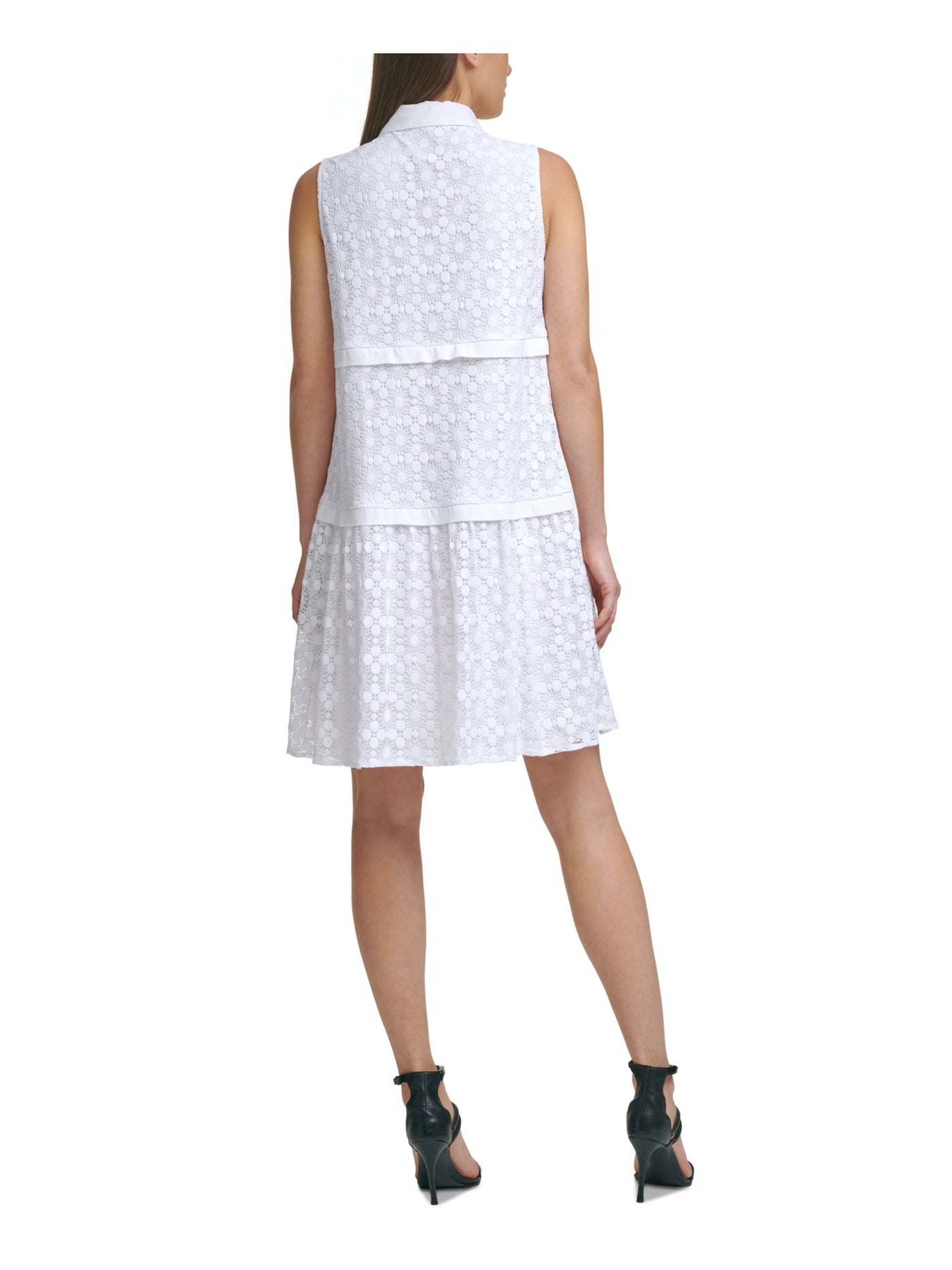 DKNY Womens Lace Tiered Button Closure Sleeveless Point Collar Above The Knee Cocktail Shirt Dress