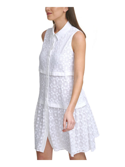 DKNY Womens Lace Tiered Button Closure Sleeveless Point Collar Above The Knee Cocktail Shirt Dress