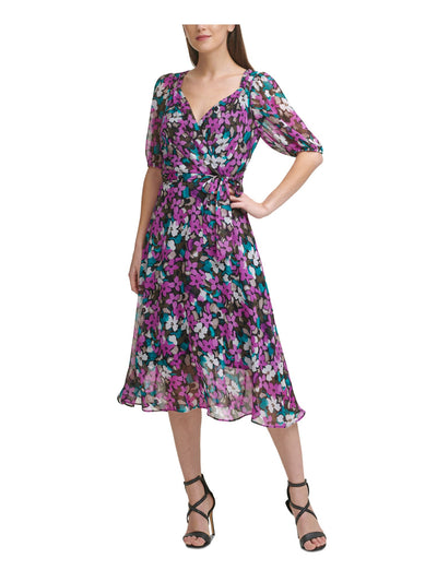 DKNY Womens Purple Zippered Belted Chiffon Lined Floral Elbow Sleeve Surplice Neckline Midi Wear To Work Fit + Flare Dress 6