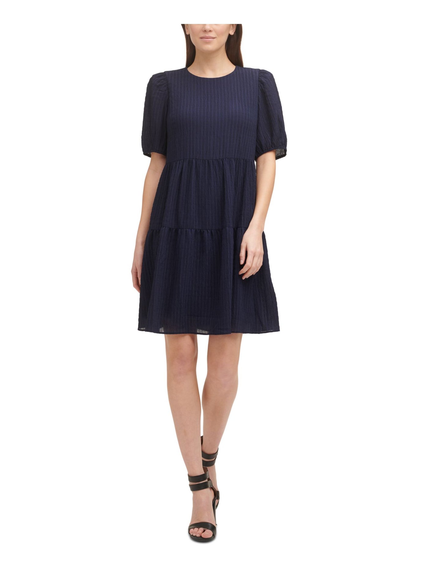 DKNY Womens Navy Stretch Textured Sheer Tiered Lined Keyhole Elbow Sleeve Crew Neck Above The Knee Party Shift Dress 4