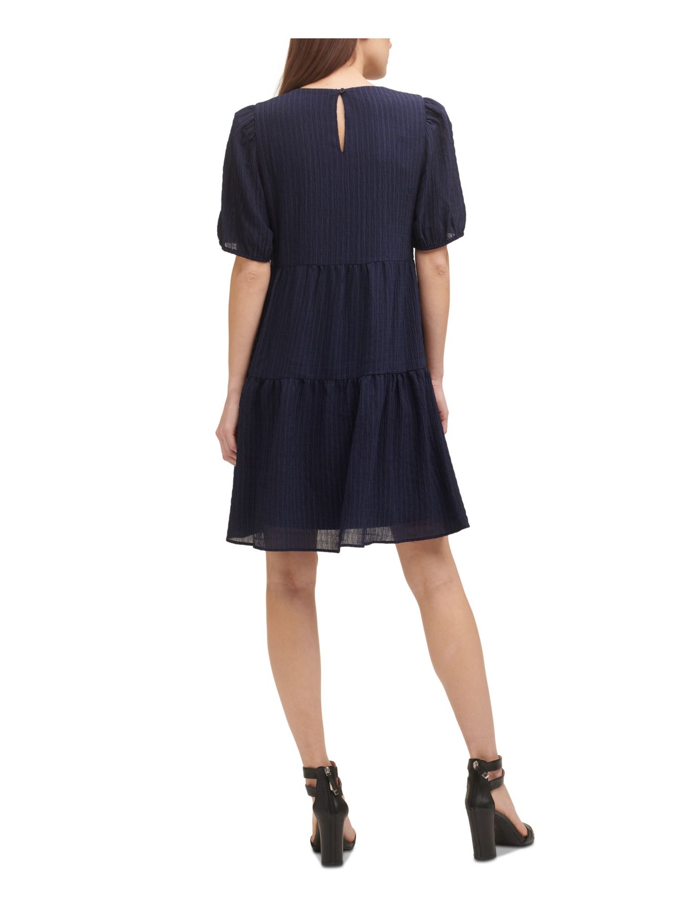 DKNY Womens Navy Stretch Textured Sheer Tiered Lined Keyhole Elbow Sleeve Crew Neck Above The Knee Party Shift Dress 4