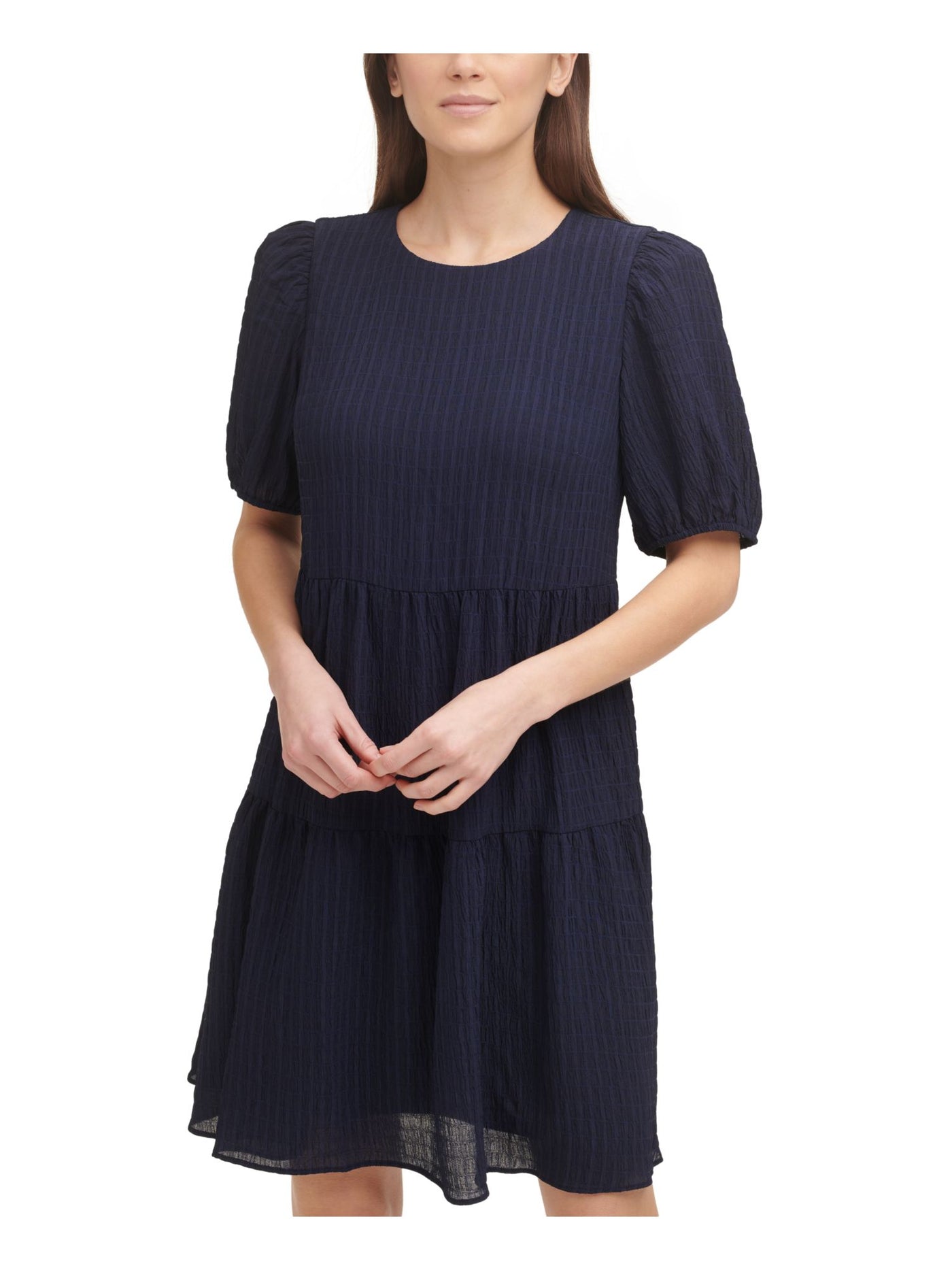 DKNY Womens Navy Stretch Textured Sheer Tiered Lined Keyhole Elbow Sleeve Crew Neck Above The Knee Party Shift Dress 4