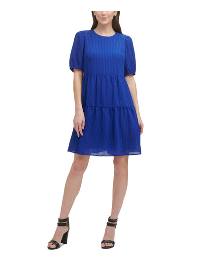 DKNY Womens Blue Stretch Textured Sheer Lined Elbow Sleeve Crew Neck Above The Knee Party Shift Dress 8