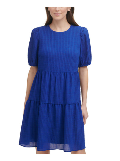 DKNY Womens Blue Stretch Textured Sheer Lined Elbow Sleeve Crew Neck Above The Knee Party Shift Dress 4