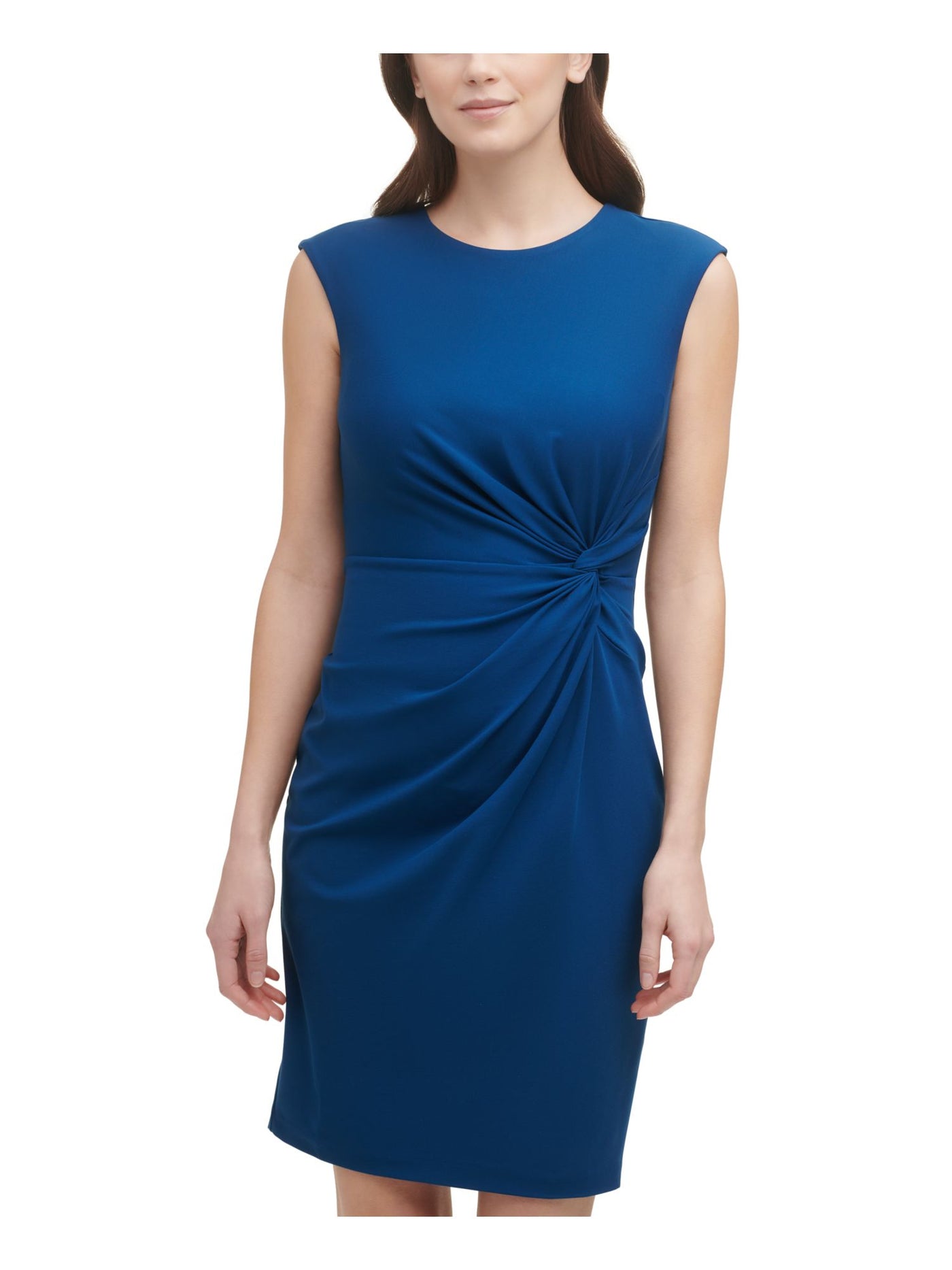 DKNY Womens Blue Zippered Side-knot Sleeveless Round Neck Above The Knee Cocktail Sheath Dress 14
