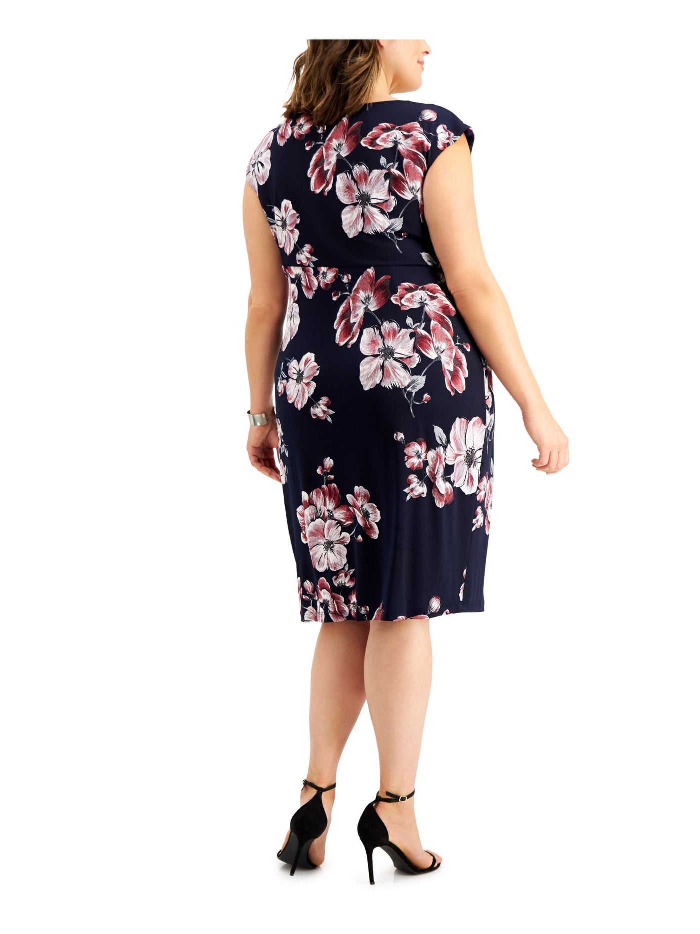 CONNECTED APPAREL Womens Navy Stretch Floral Sleeveless Round Neck Below The Knee Party Sheath Dress S