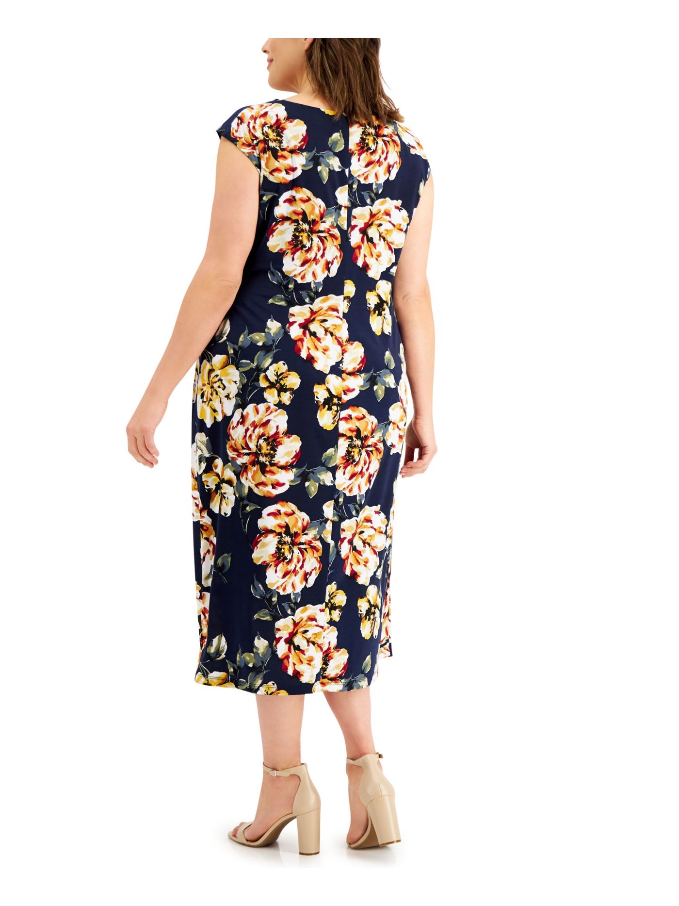 CONNECTED APPAREL Womens Navy Stretch Floral Cap Sleeve Cowl Neck Midi Wear To Work Sheath Dress Plus 24W