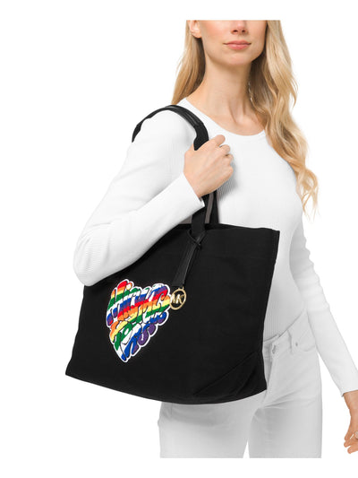 MICHAEL KORS Women's Black The Michael Logo Canvas Hanging Charm Foldable Double Flat Strap Tote Handbag Purse