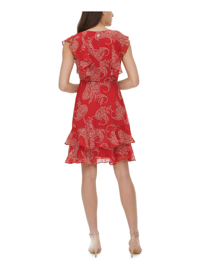 TOMMY HILFIGER Womens Red Zippered Tie Paisley Flutter Sleeve V Neck Above The Knee Evening Fit + Flare Dress Petites 10P