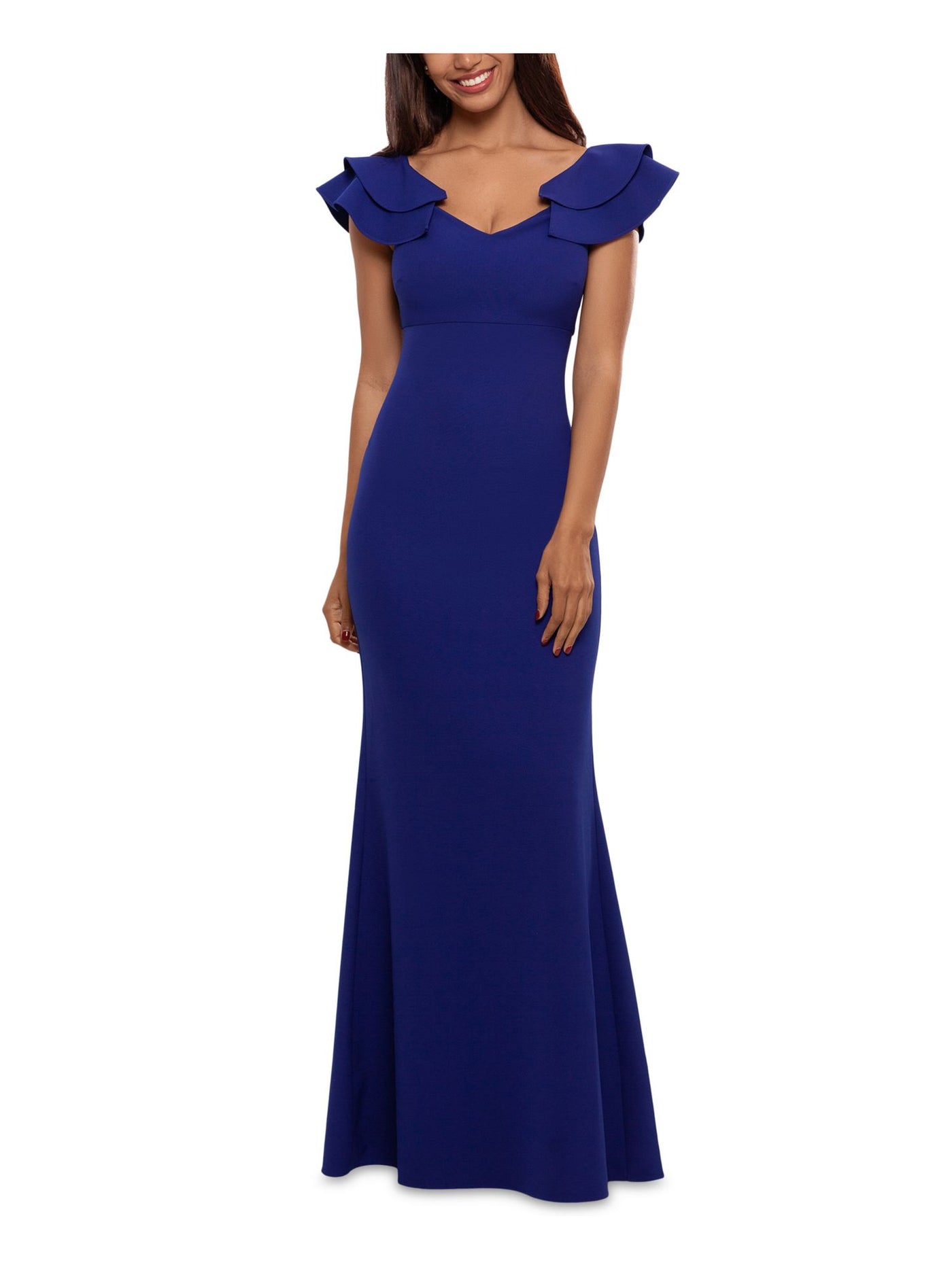 BETSY & ADAM Womens Blue Zippered Fitted Lined Ruffled Strap V Neck Full-Length Formal Gown Dress 4