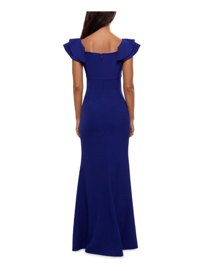 BETSY & ADAM Womens Blue Zippered Fitted Lined Ruffled Strap V Neck Full-Length Formal Gown Dress 4
