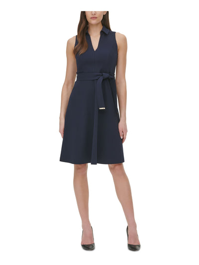 TOMMY HILFIGER Womens Navy Belted Sleeveless Point Collar Above The Knee Wear To Work Fit + Flare Dress 14